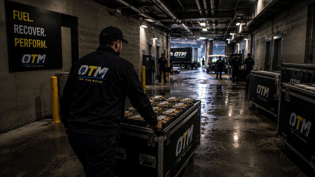 An OTM case is wheeled through the stadium service corridor toward the field
