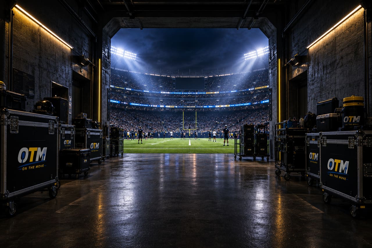 A stadium tunnel lined with OTM equipment cases, opening onto a floodlit field