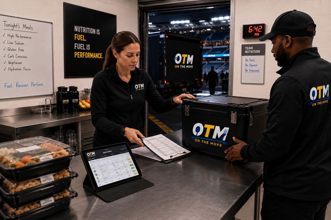 An OTM transport case is checked and loaded onto a truck at the kitchen dock