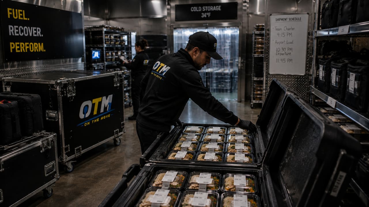 Sealed meals loaded into OTM transport cases inside a 34 degree cold storage room