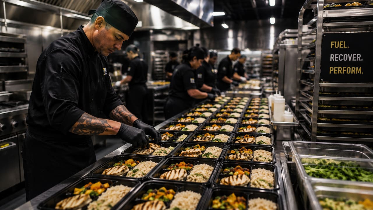 Chefs in a professional kitchen plating rows of identical performance meals