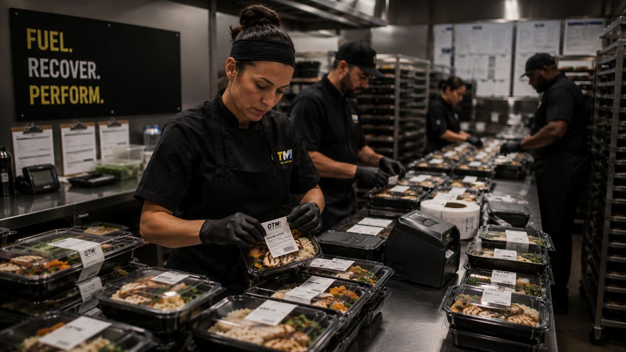Kitchen staff labeling sealed meal containers on a stainless prep line